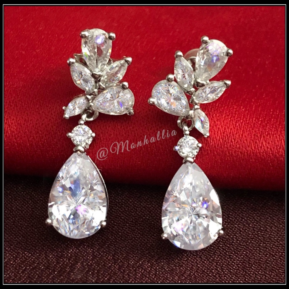 New silver 5.5g ornate pear drop simulated diamond CZ chunky stone earrings
